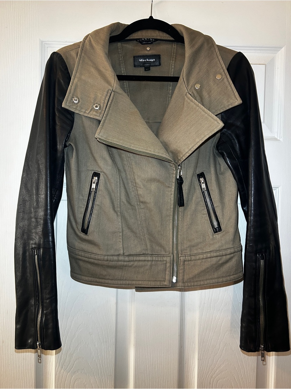 Mackage Mixed-Media Moto Jacket-Olive Green Denim & Black Leather(Flawed) Sz XS